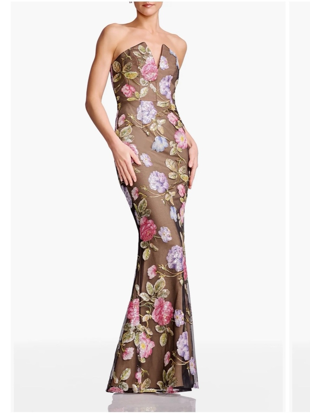 Dress the Population Brown Strapless Floral Embroidered Gown